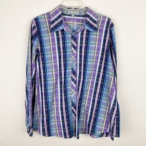 Foxcroft Womens 14W Purple Plaid Non-Iron Shaped Fit Cotton Button Down Shirt